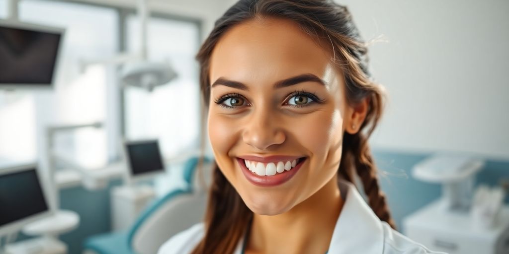 Zahnarzt lächelt in heller Zahnarztpraxis