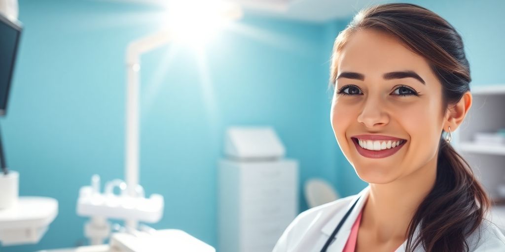 Lächelnder Zahnarzt in heller Praxis