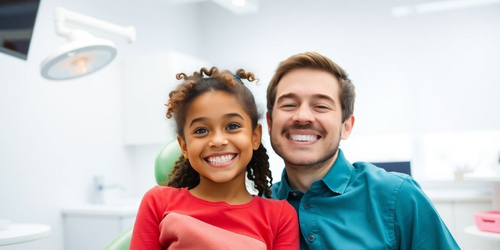 Zwei Kinder mit Zahnspangen lächeln beim Zahnarzt.