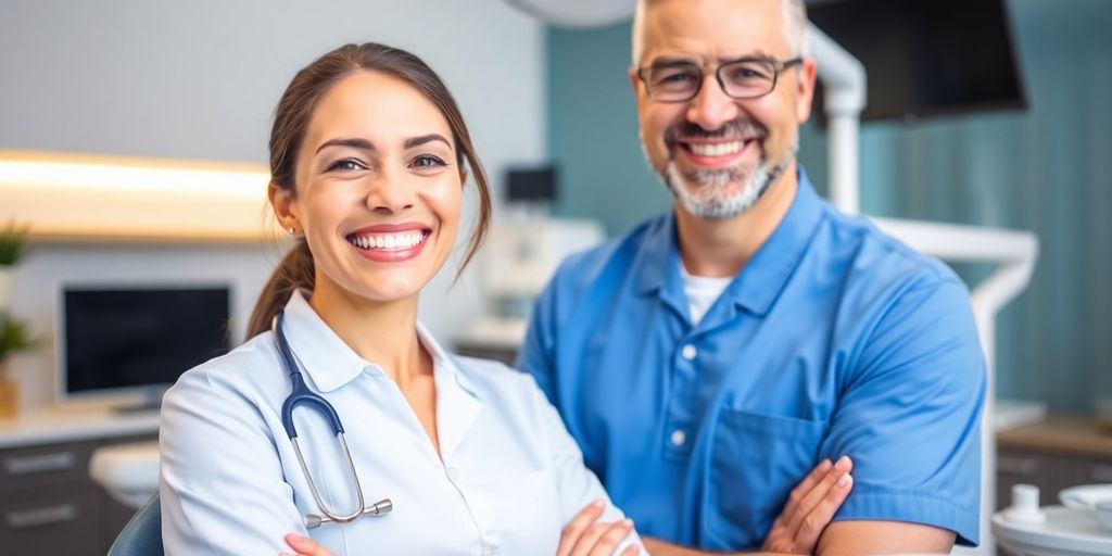 Zahnarz lächelt in heller Praxis