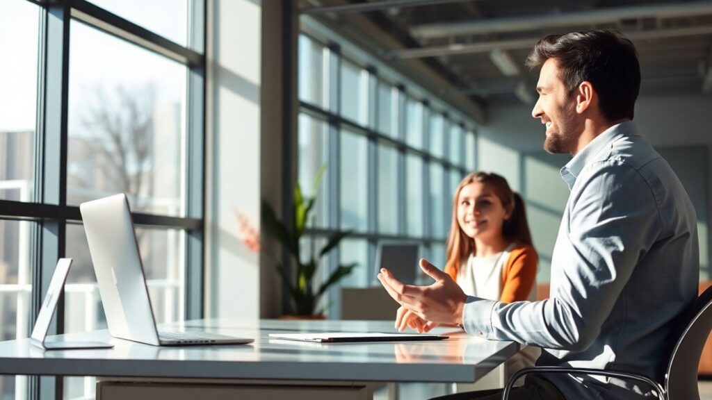 Versicherungsberater spricht mit Student in hellem Büro