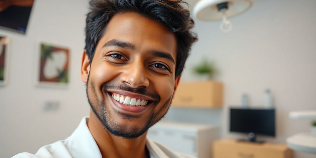 Zahnarzt lächelt in heller Praxis