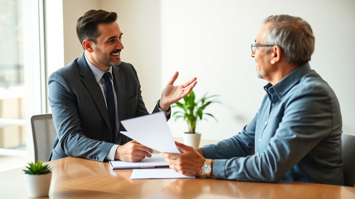 Versicherungsberater und Kunde im Gespräch im Büro.