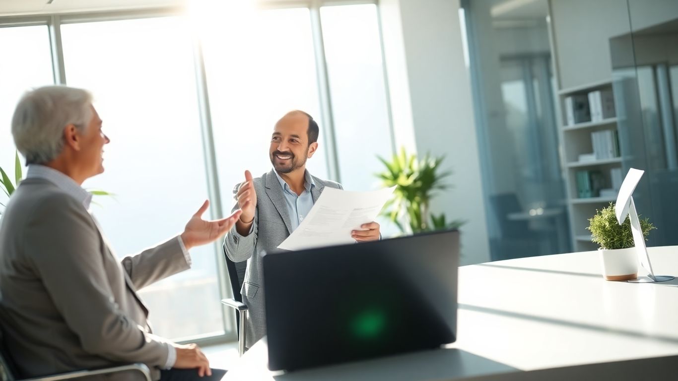 Versicherungsberater und Kunde im Gespräch im Büro.