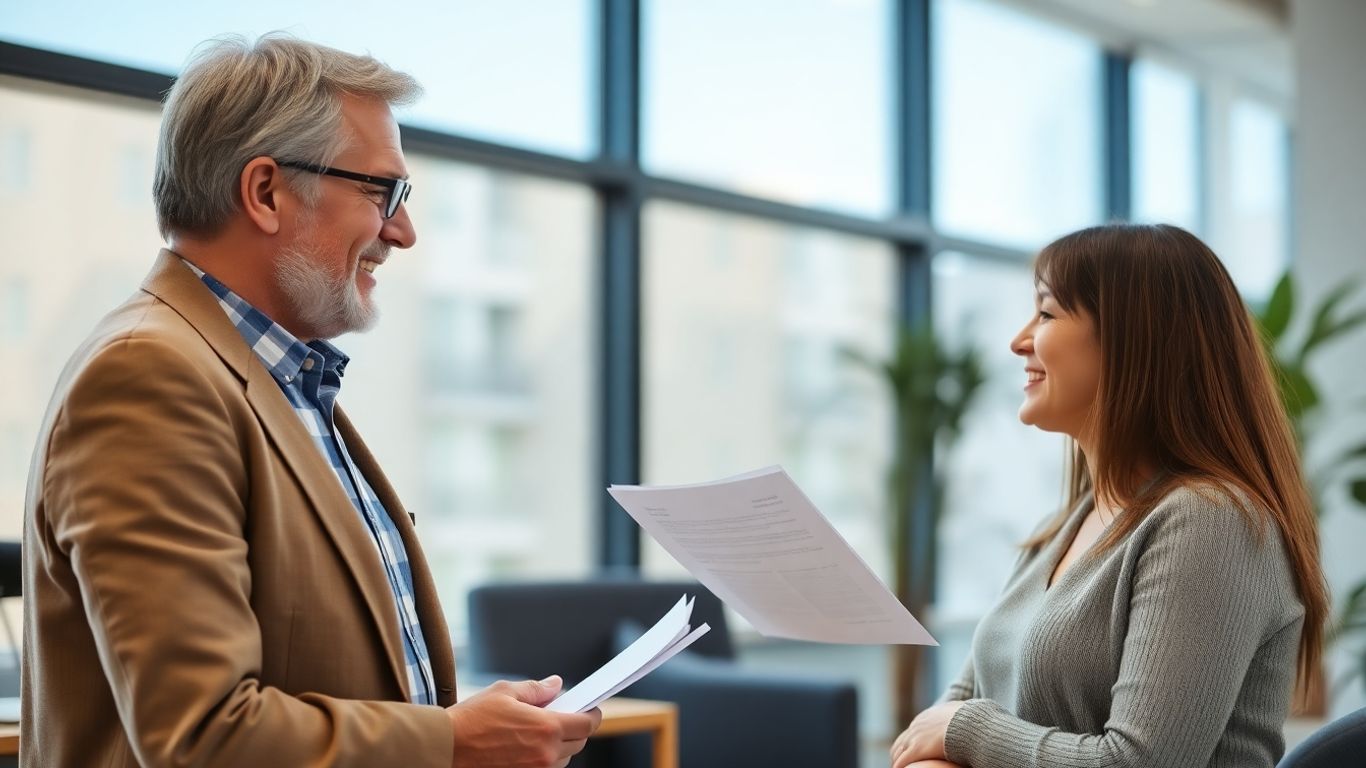 Versicherungsberater und Kunde im Gespräch im Büro.