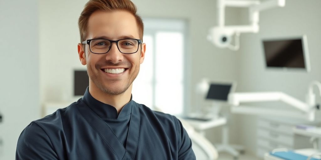 Zahnarzt lächelt in heller Praxis