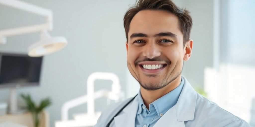 Lächelnder Zahnarzt in moderner Praxis