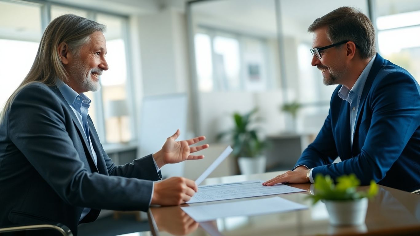 Versicherungsberater und Kunde im Gespräch im Büro.