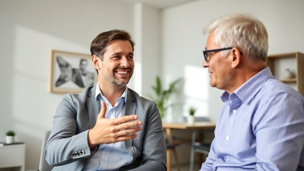 Versicherungsberater und Kunde im Gespräch im Büro