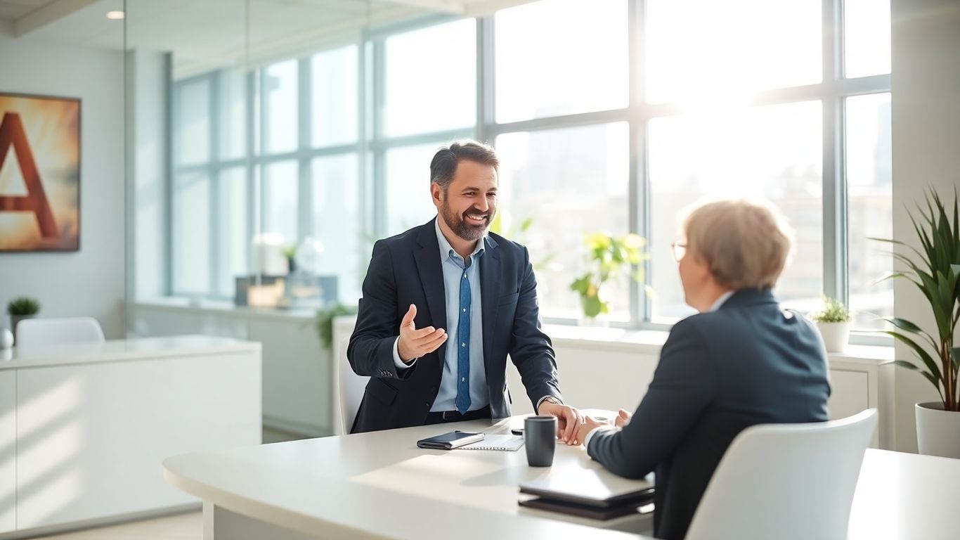 Versicherungsberater und Kunde im Gespräch im Büro
