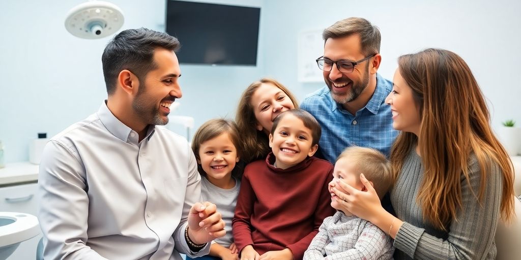 Glückliche Familie im modernen Behandlungszimmer beim Zahnarzt.