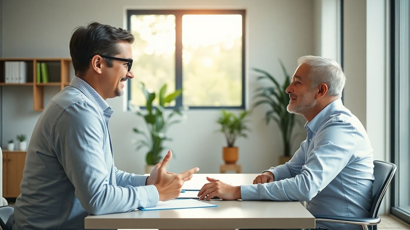 Versicherungsberater und Kunde im Gespräch im Büro