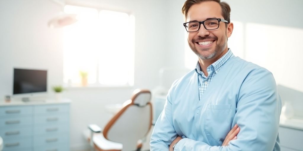 Zahnarzt lächelt in heller Praxis