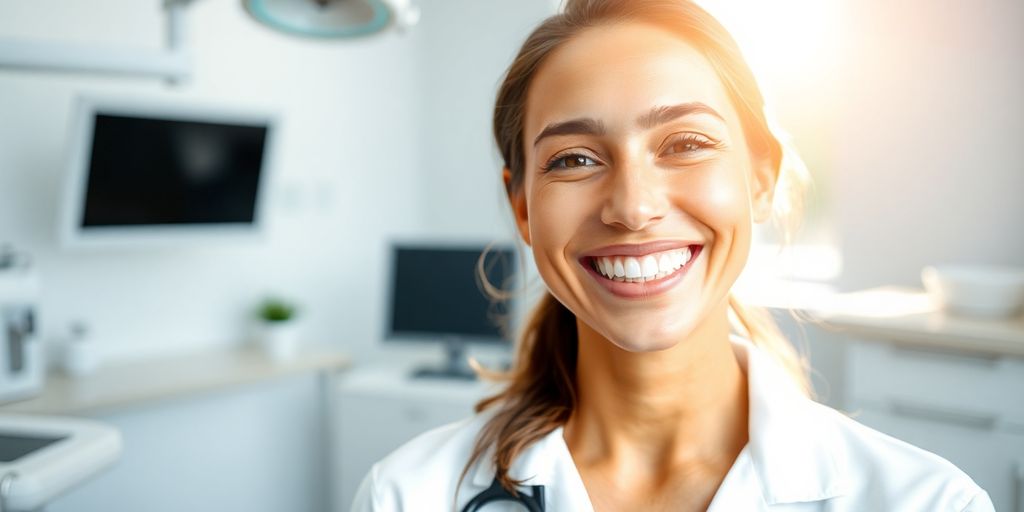 Zahnarzt lächelt in heller Praxis.