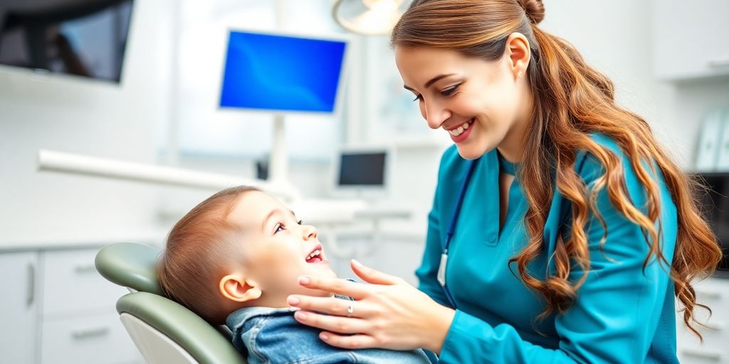 Zahnarzt lächelt mit Kind in heller Praxis