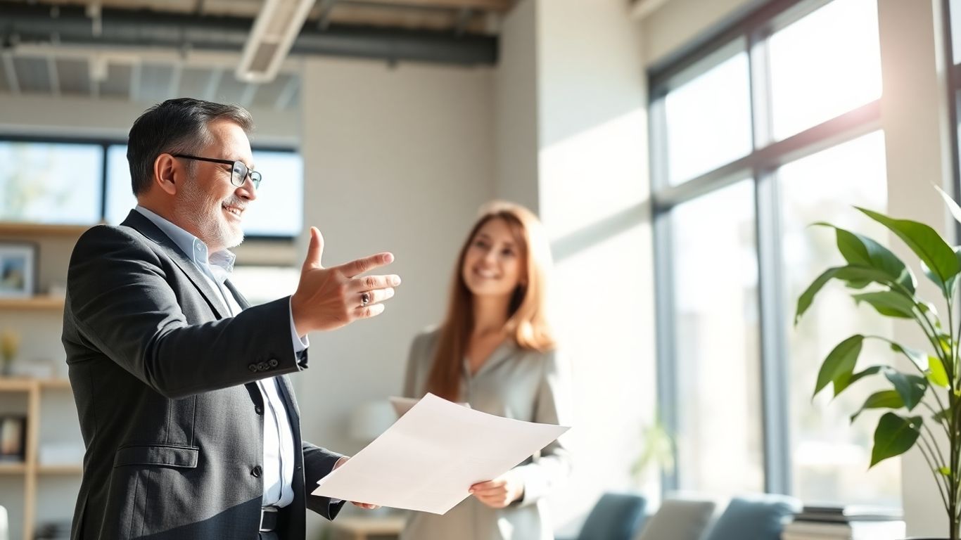 Versicherungsberater und Kunde im Gespräch im Büro.