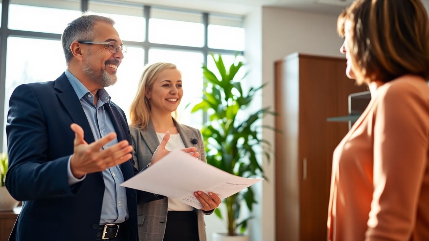 Versicherungsberater und Kunde im Gespräch im Büro.