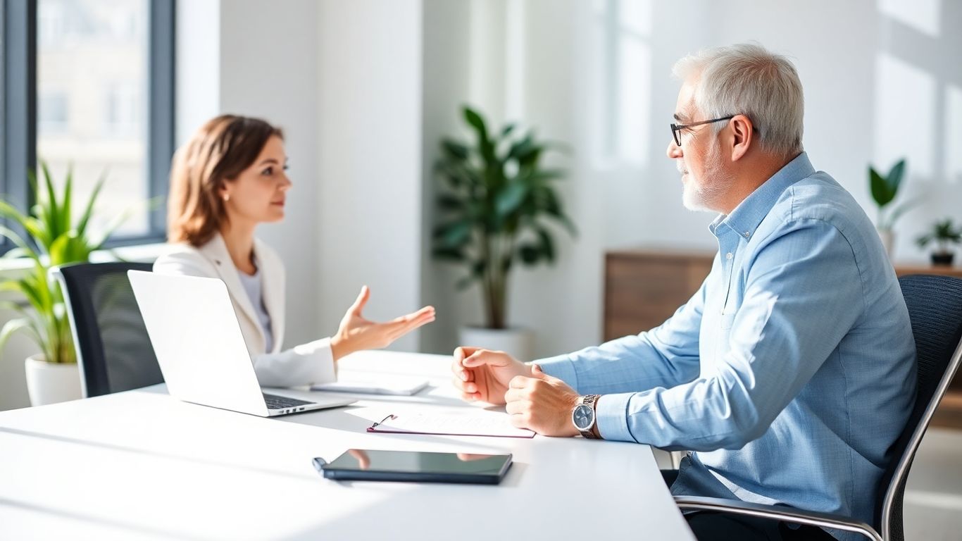 Versicherungsberater und Kunde im Gespräch im Büro