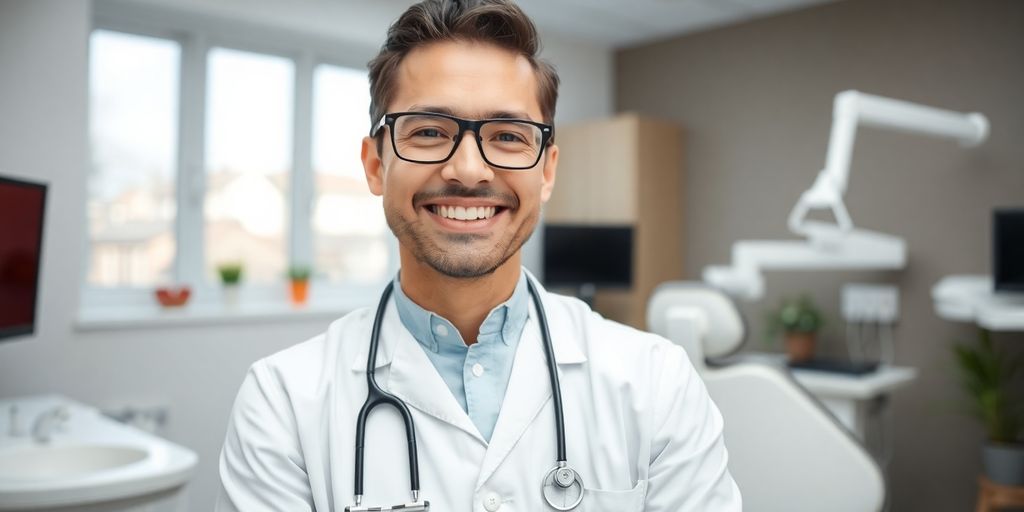 Ein Zahnarzt lächelt in einer hellen Praxis.