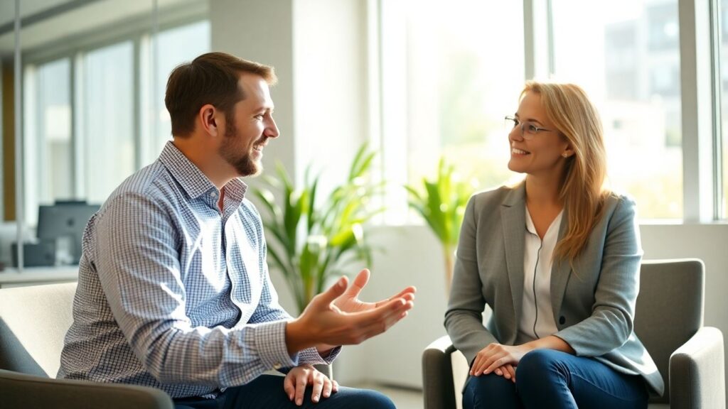 Versicherungsberater und Kunde im Gespräch im Büro.