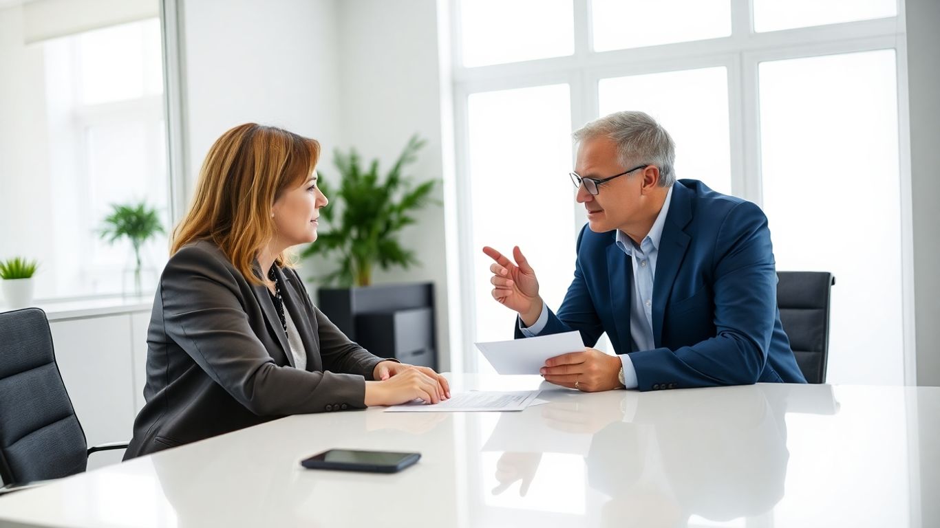 Versicherungsberater und Kunde im Gespräch im Büro.