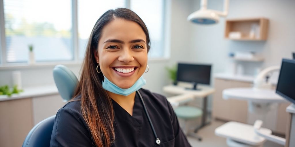 Zahnarzt lächelt in heller Praxis