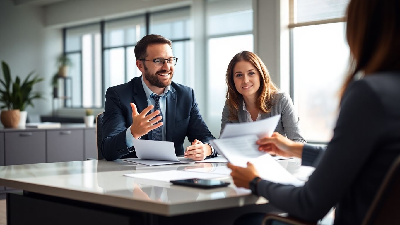 Versicherungsberater erklärt Kunde Dokumente im Büro