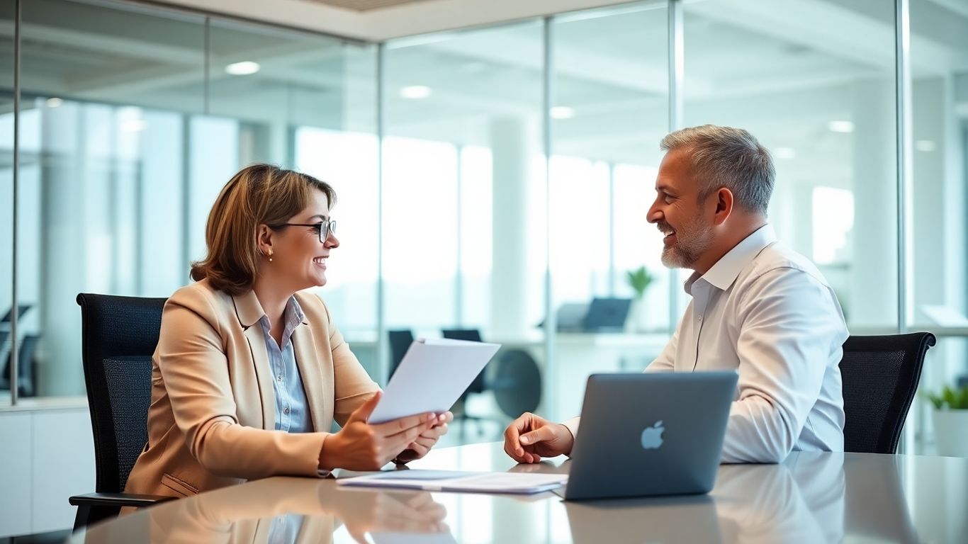 Beratungsgespräch zwischen Versicherungsberater und Kunde im Büro.