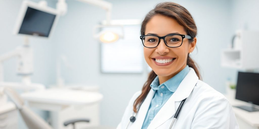 Lachender Zahnarzt in moderner Praxis
