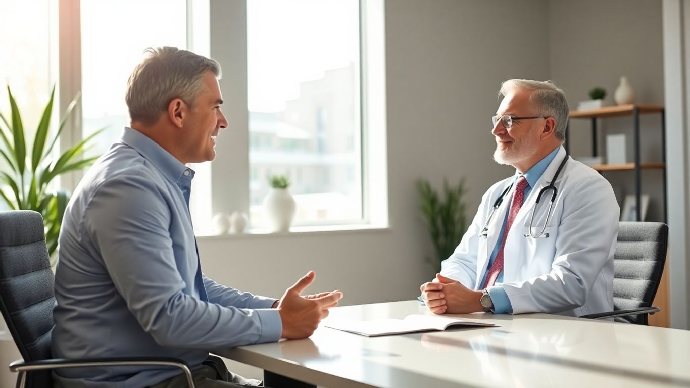 Arzt und Berater im Gespräch in einem Büro.