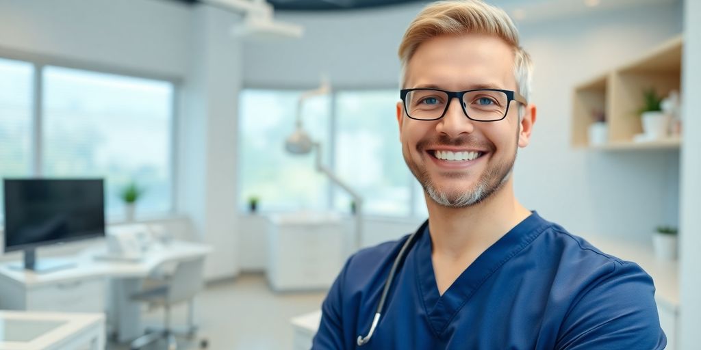 Zahnarzt lächelt in heller, moderner Praxis.