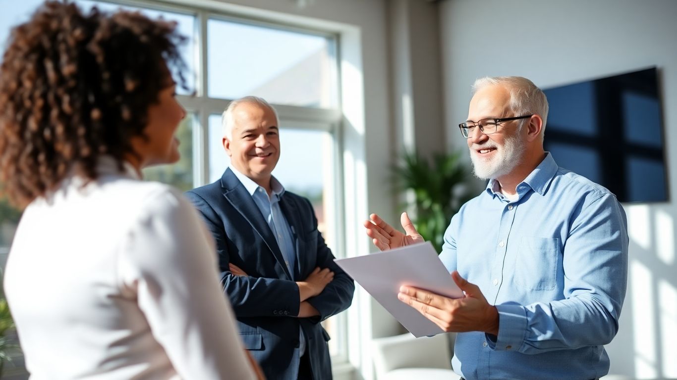 Versicherungsberater und Kunde im Gespräch im Büro.