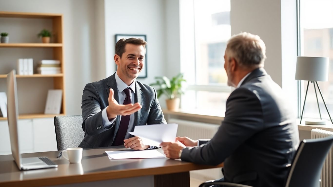 Versicherungsberater und Kunde im Gespräch im Büro