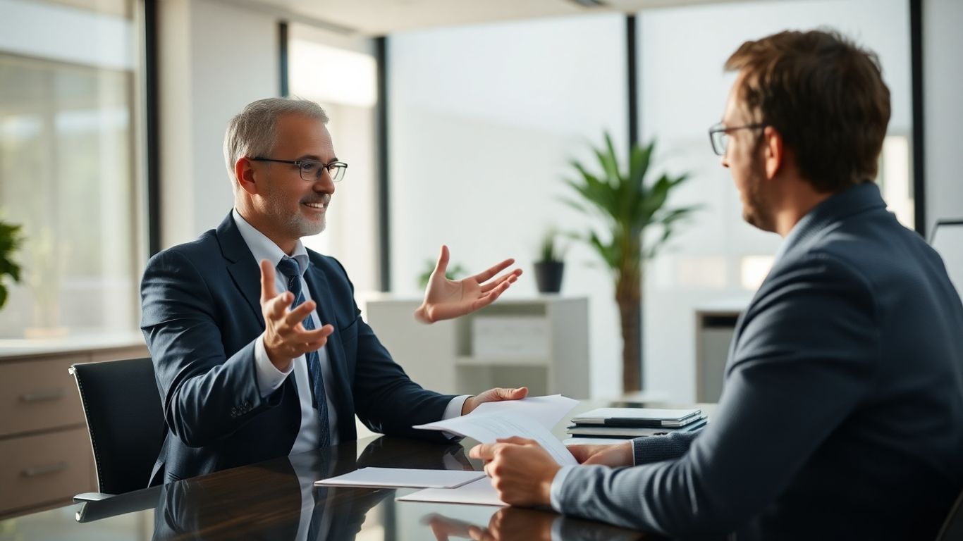 Versicherungsberater und Kunde im Gespräch im Büro.