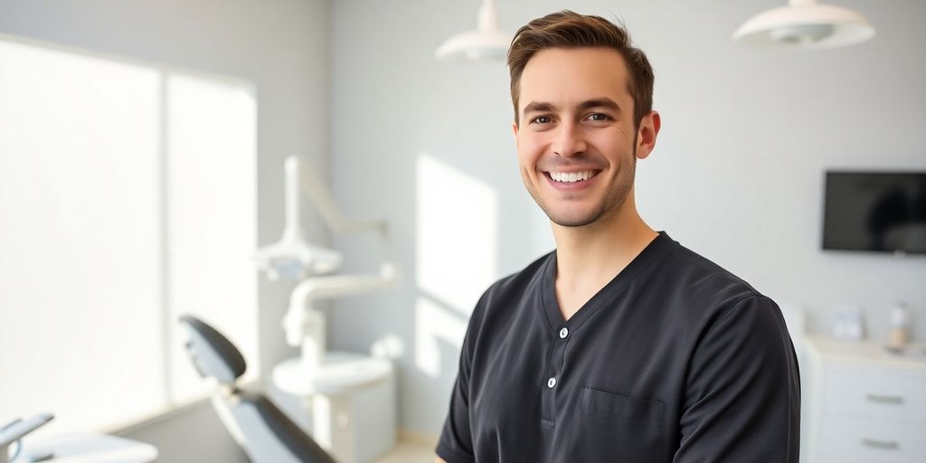 Zwei lächelnde Menschen in einer modernen Zahnarztpraxis.