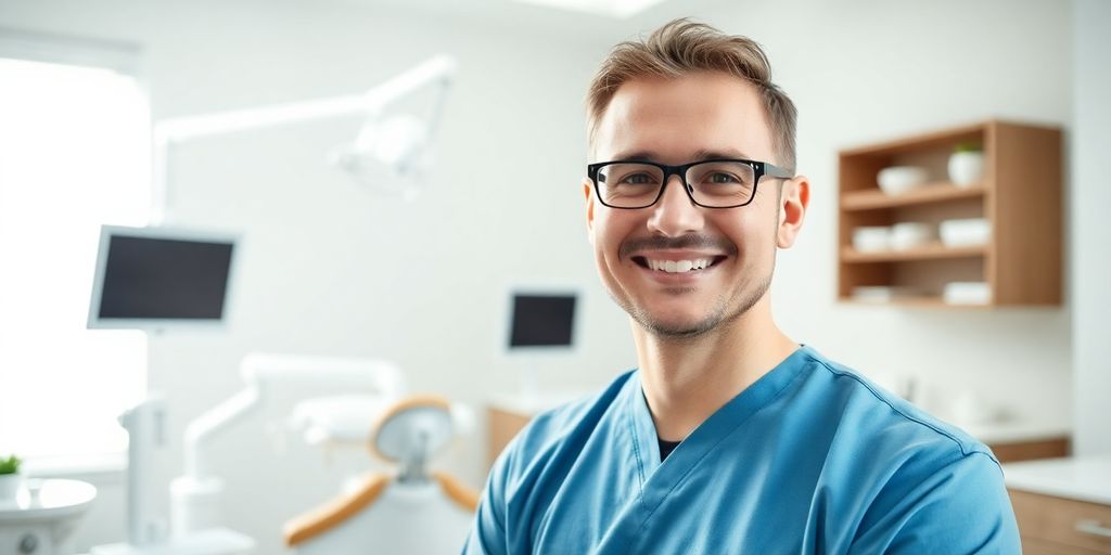 Lächelnder Zahnarzt in einer modernen Zahnarztpraxis.