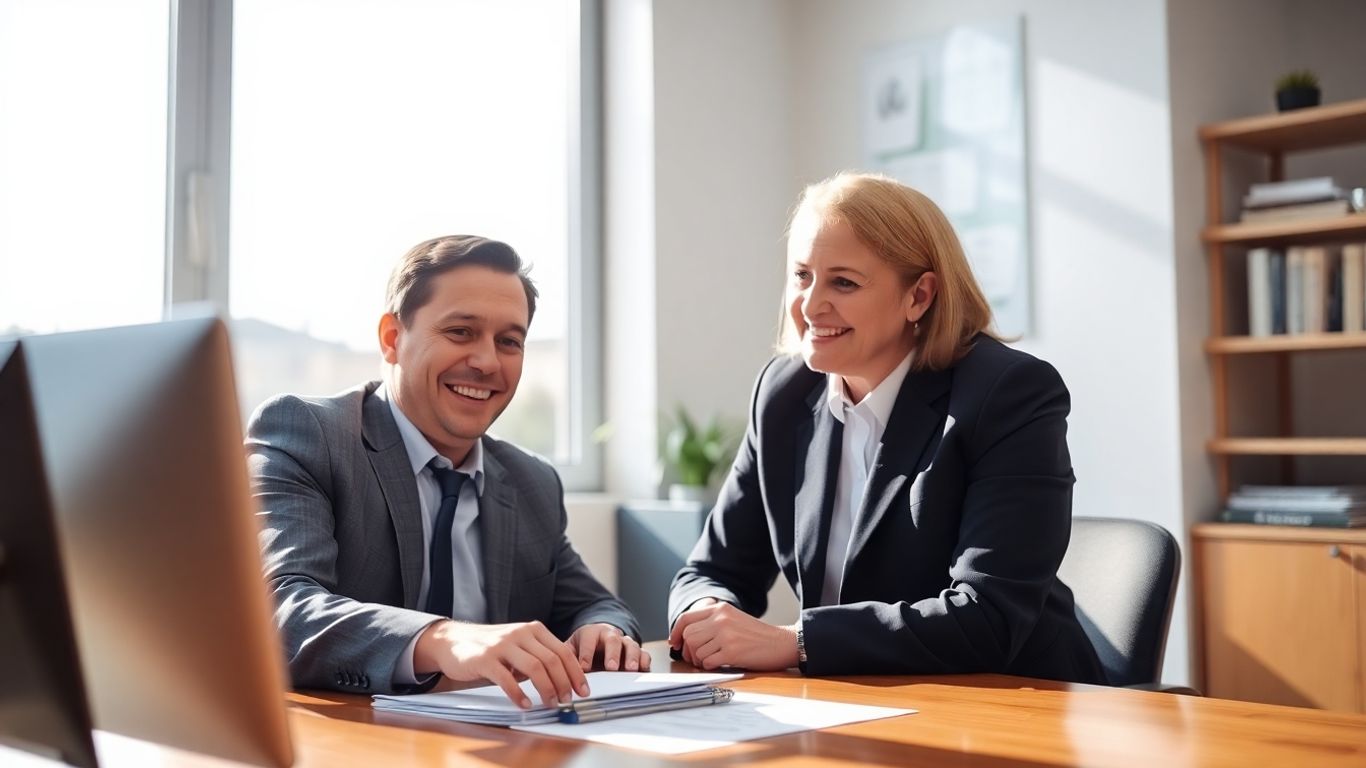 Versicherungsberater und Kunde im Gespräch im Büro.