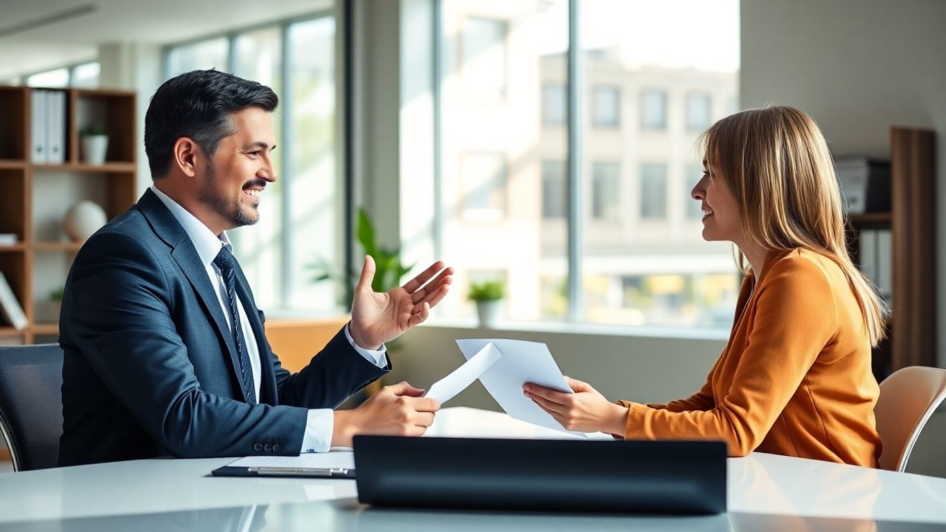 Versicherungsberater und Kunde im Gespräch im Büro.