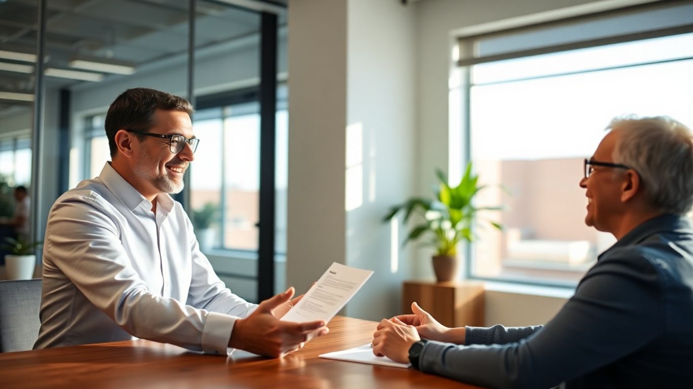 Versicherungsberater und Kunde im Gespräch im Büro