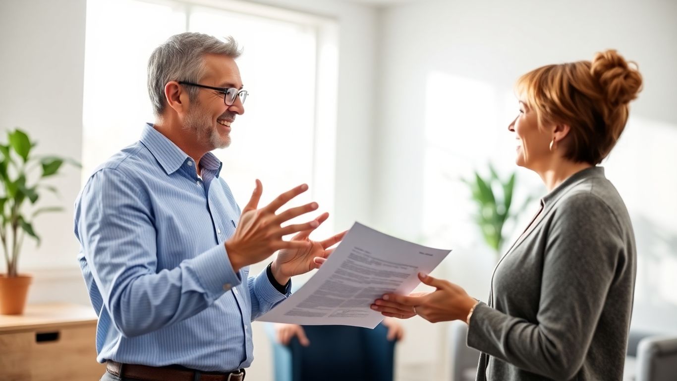 Versicherungsberater und Kunde im Gespräch im Büro.