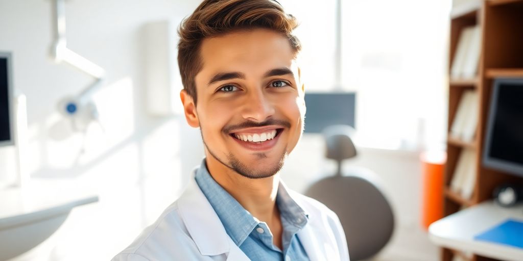 Zahnarz lächelt in heller Praxis