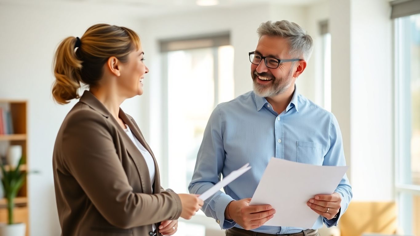 Versicherungsberater und Kunde im Gespräch im Büro.