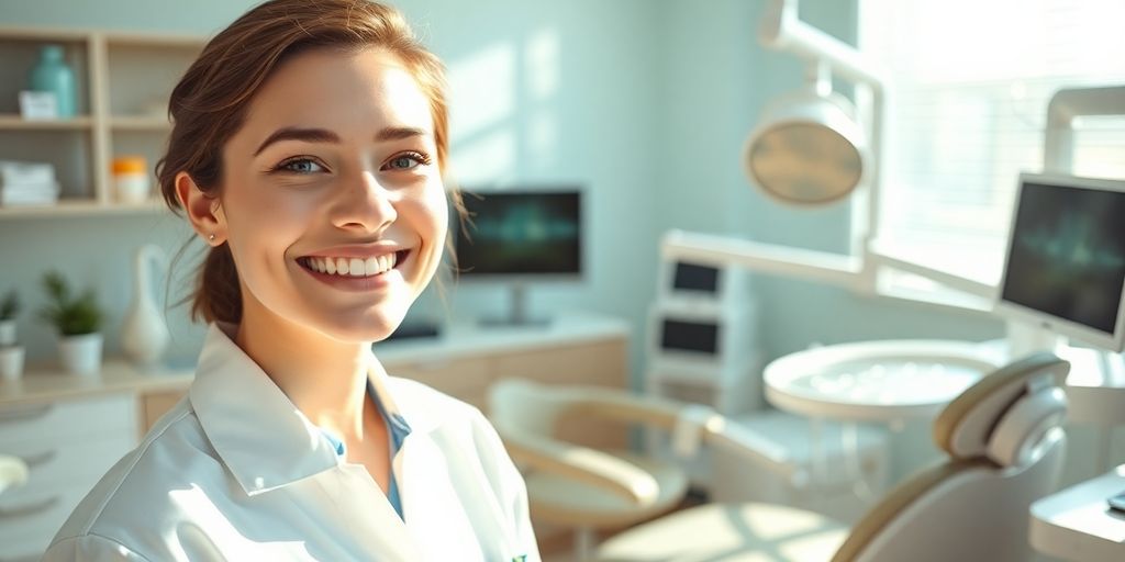 Zahnarzt lächelt in moderner Praxis