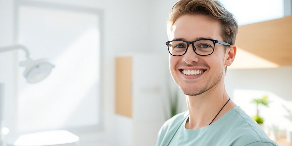 Zahnarzt lächelt in heller Praxis.