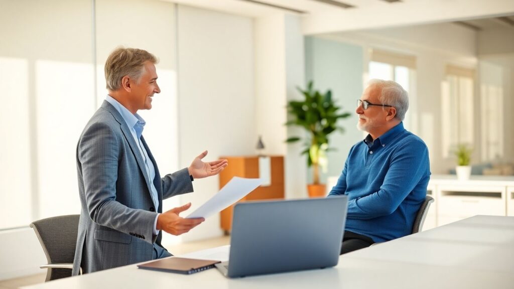 Versicherungsberater und Kunde im Gespräch im Büro