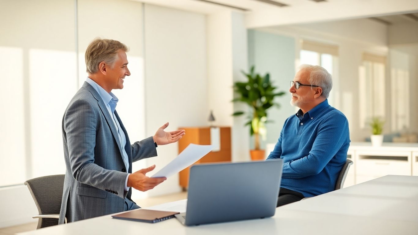 Versicherungsberater und Kunde im Gespräch im Büro