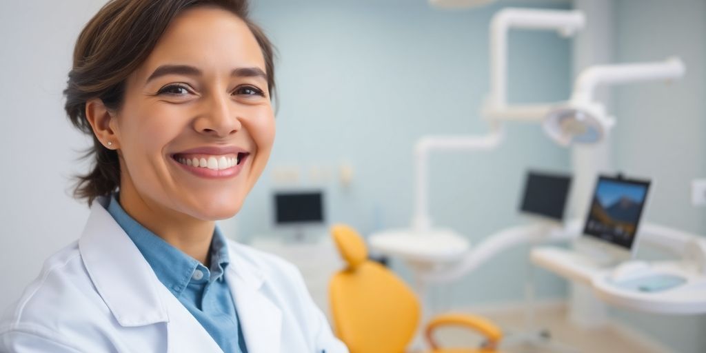 Lächelnder Zahnarzt in heller Zahnarztpraxis