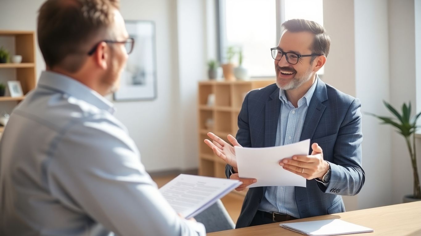 Versicherungsberater und Kunde im Gespräch im Büro