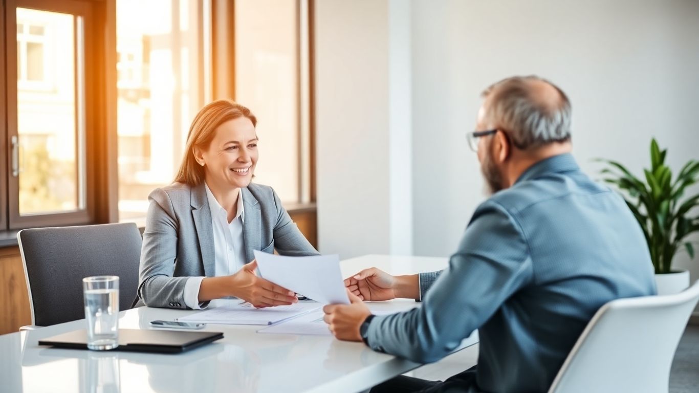 Handwerker spricht mit Versicherungsberater im Büro