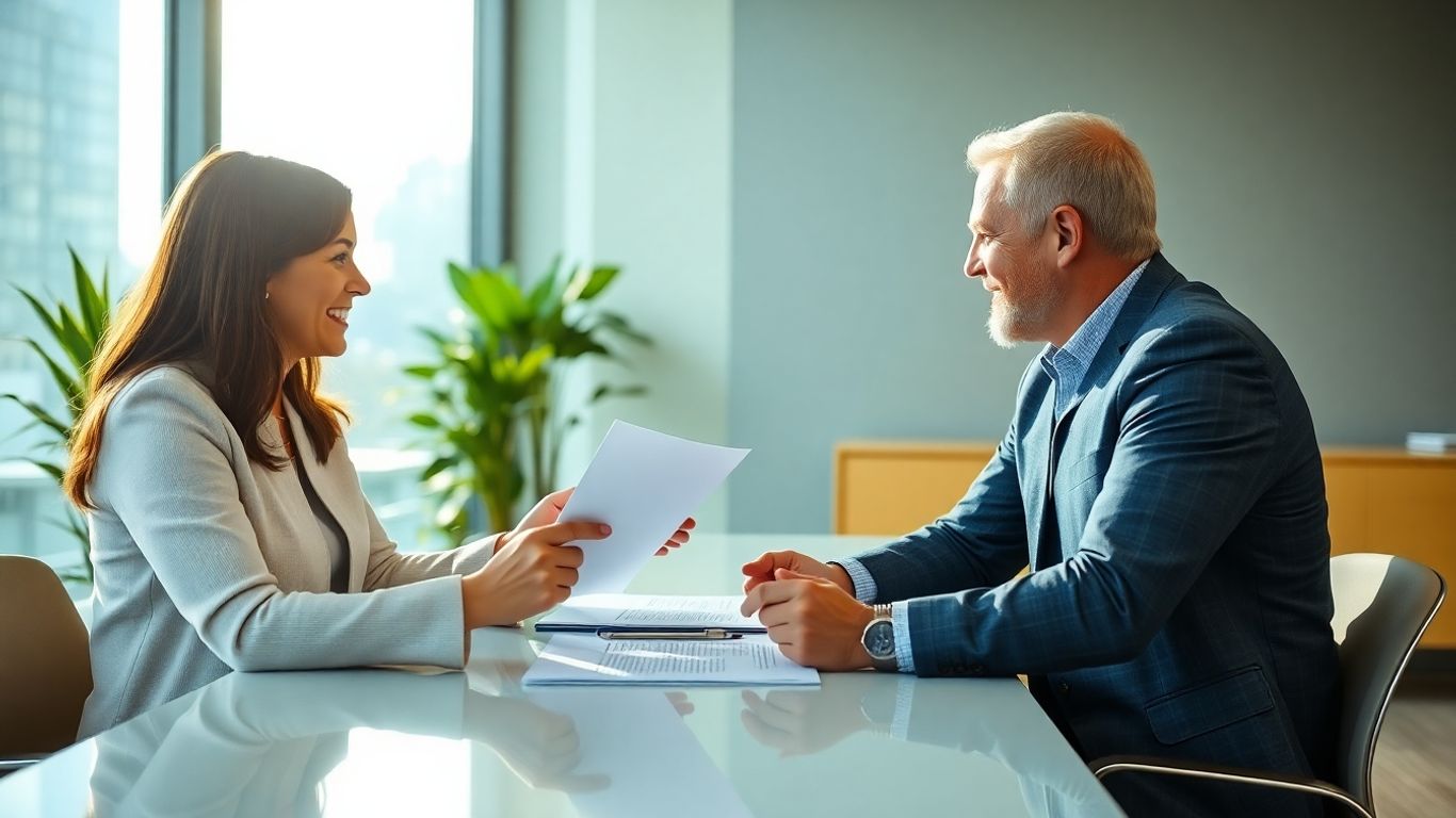 Versicherungsberater und Kunde im Gespräch im Büro